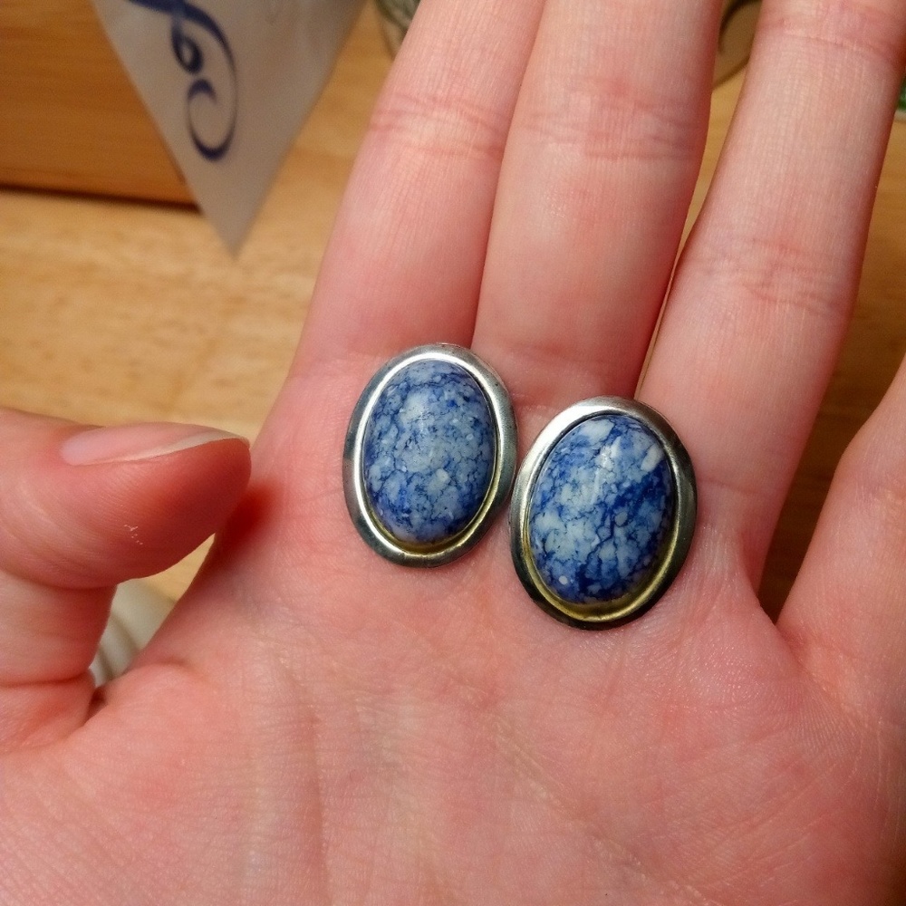 Vintage silver toned post earrings with blue agate